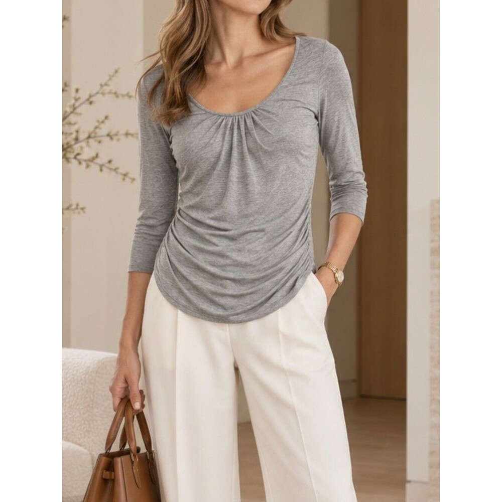 Metallic Gray Ruched Glitter Top S Scoop Neck 3/4 Sleeve Babydoll Shimmery